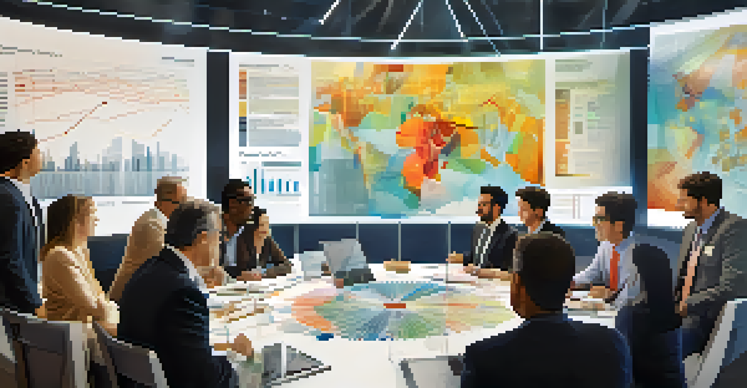 A diverse group of people discussing ideas at a conference table with charts in the background.
