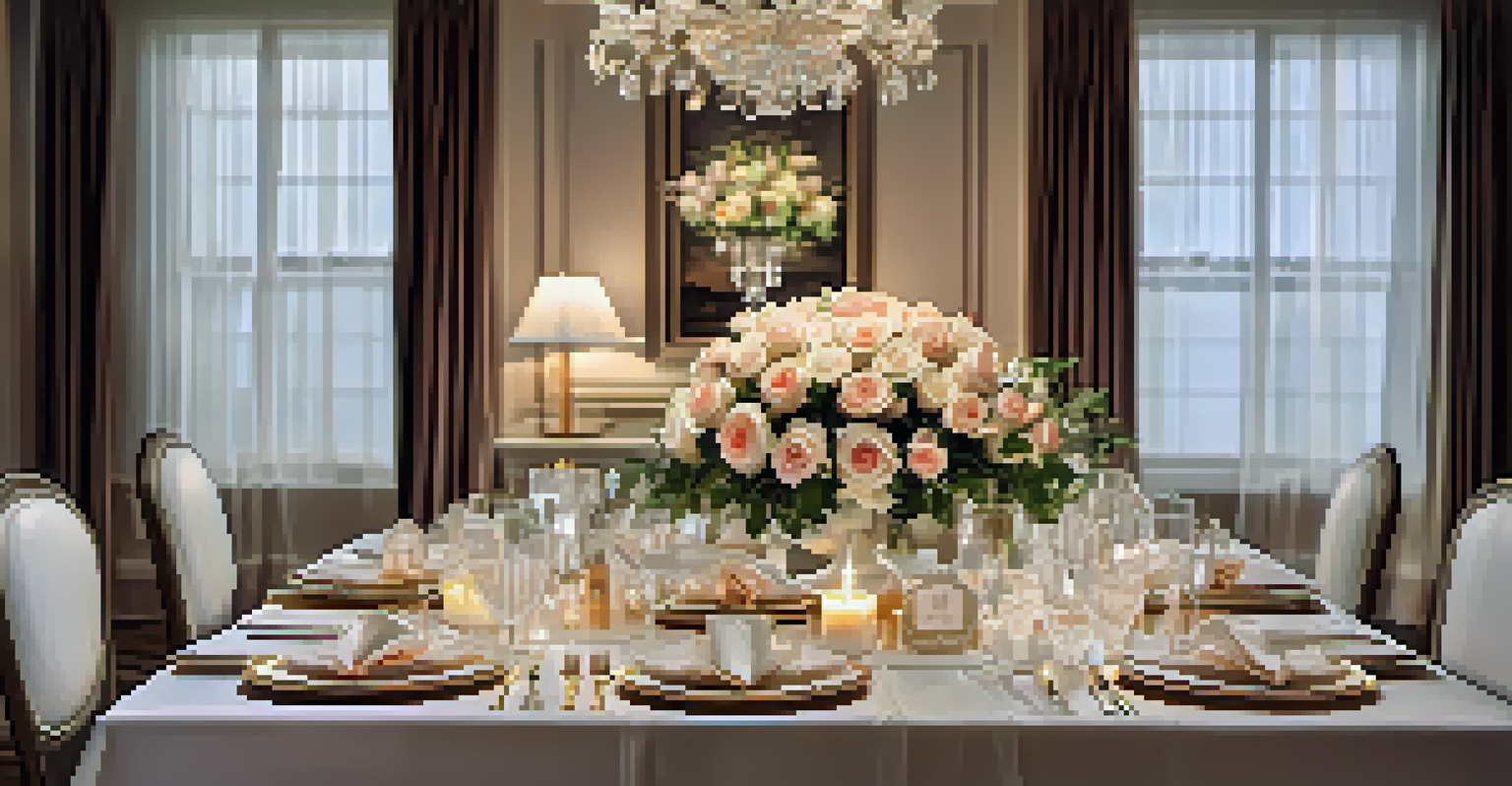 A beautifully set dining table with fine china, glassware, and a floral centerpiece, illuminated by soft candlelight.