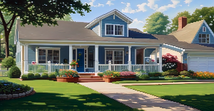 A suburban neighborhood with a well-kept house and colorful flowers in the yard under a clear blue sky.