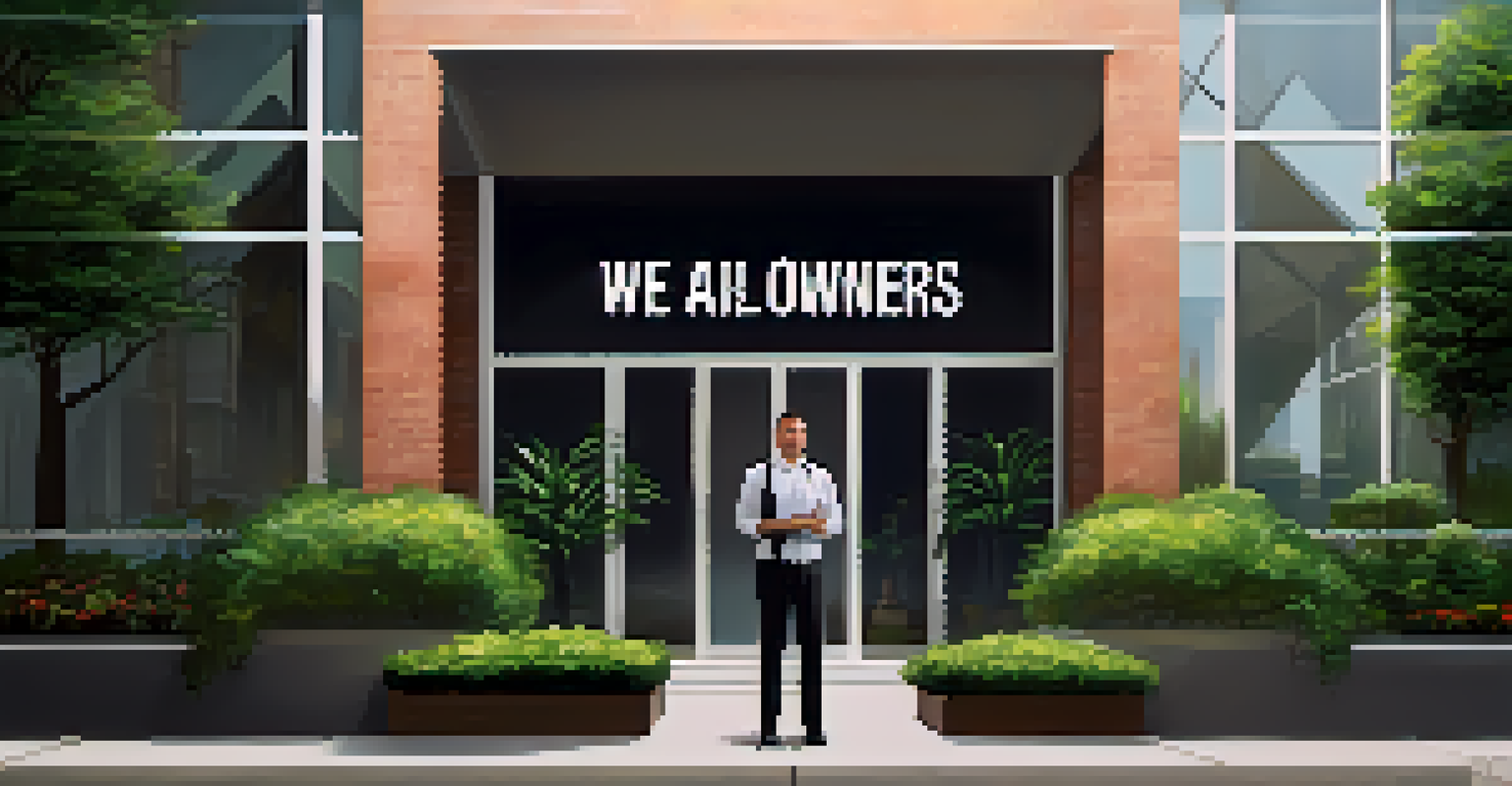 An employee holding a sign that says 'We are all Owners!' in front of a modern office building surrounded by greenery.