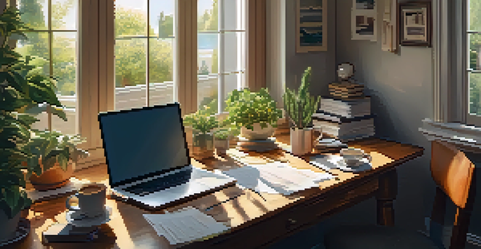 A cozy home office with a person reviewing financial documents, featuring a laptop, papers, and potted plants, illuminated by warm sunlight.