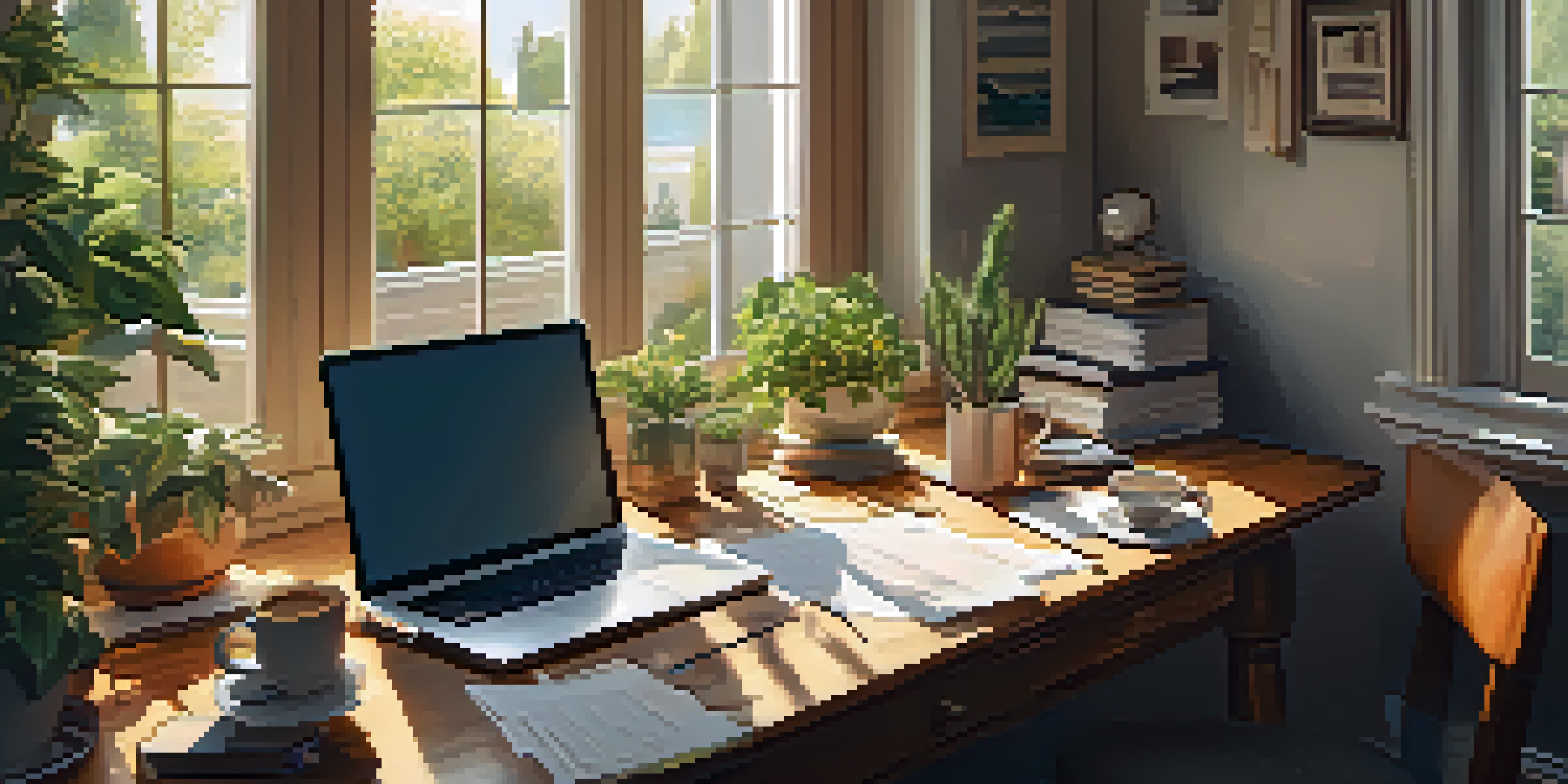 A cozy home office with a person reviewing financial documents, featuring a laptop, papers, and potted plants, illuminated by warm sunlight.