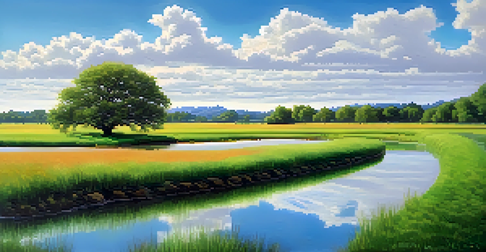 A peaceful landscape featuring a large tree in a green field, symbolizing long-term growth, with a clear stream and a blue sky.