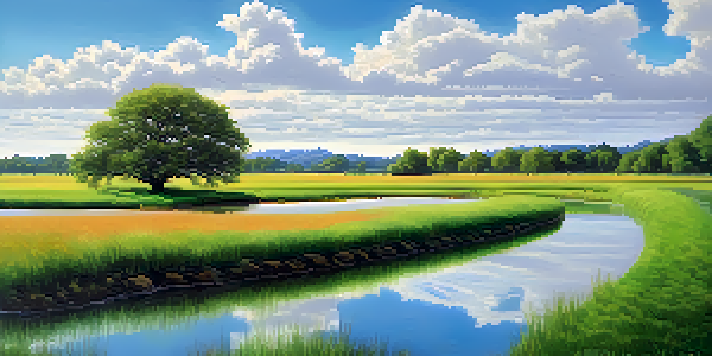 A peaceful landscape featuring a large tree in a green field, symbolizing long-term growth, with a clear stream and a blue sky.