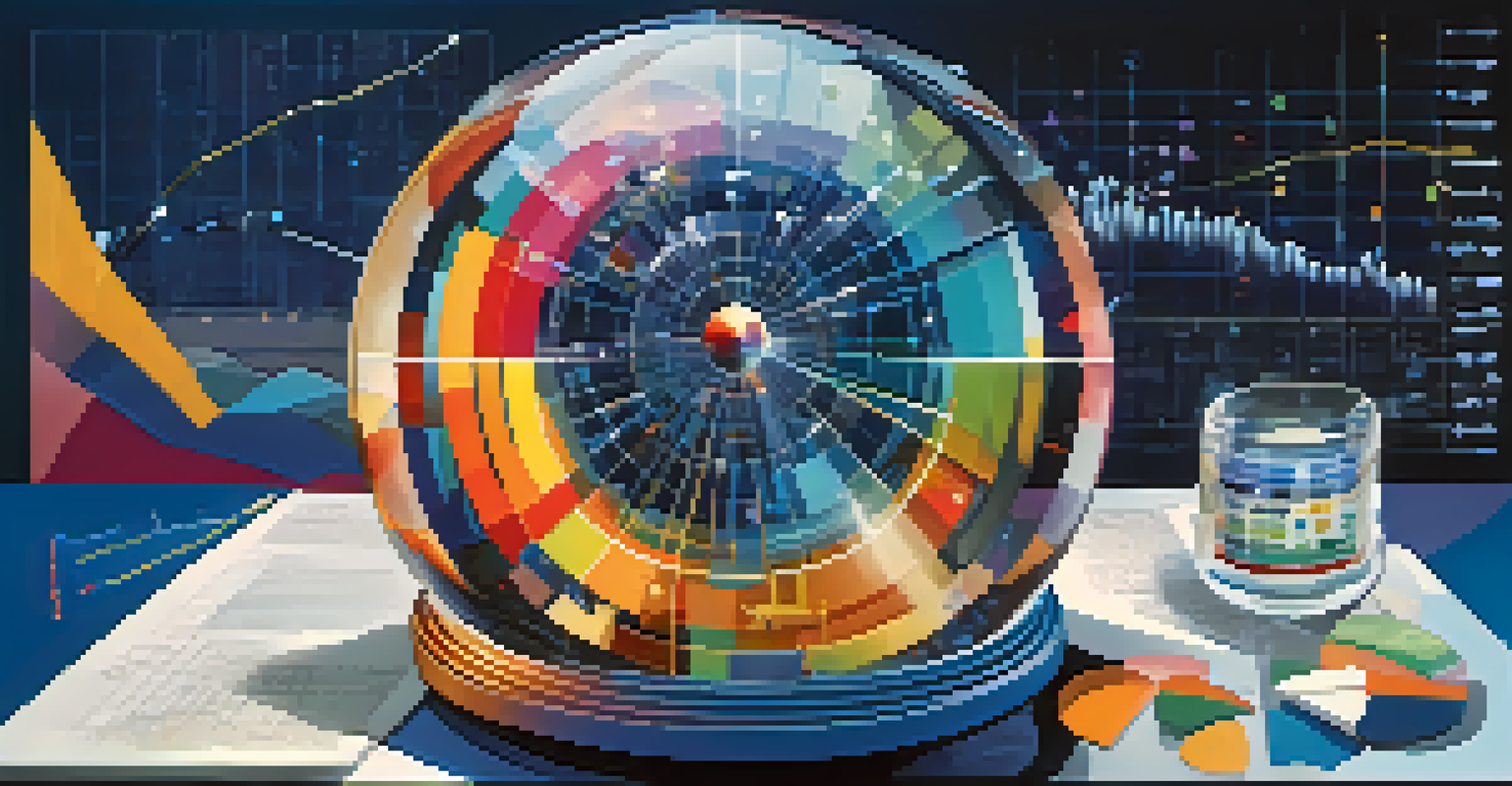 An abstract image symbolizing data analytics in finance, with colorful graphs and charts swirling around a crystal ball against a deep blue background.