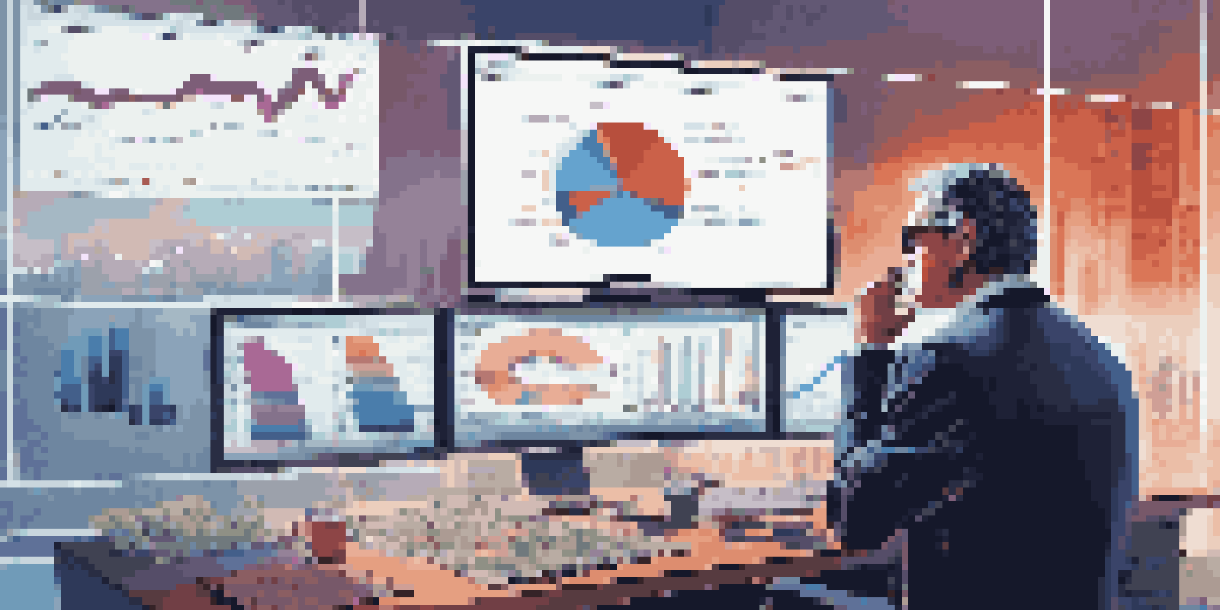 A hedge fund manager in a modern office, analyzing market trends on multiple screens filled with financial graphs.