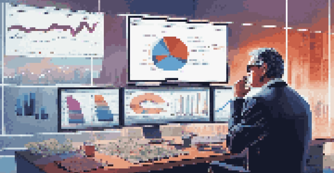A hedge fund manager in a modern office, analyzing market trends on multiple screens filled with financial graphs.
