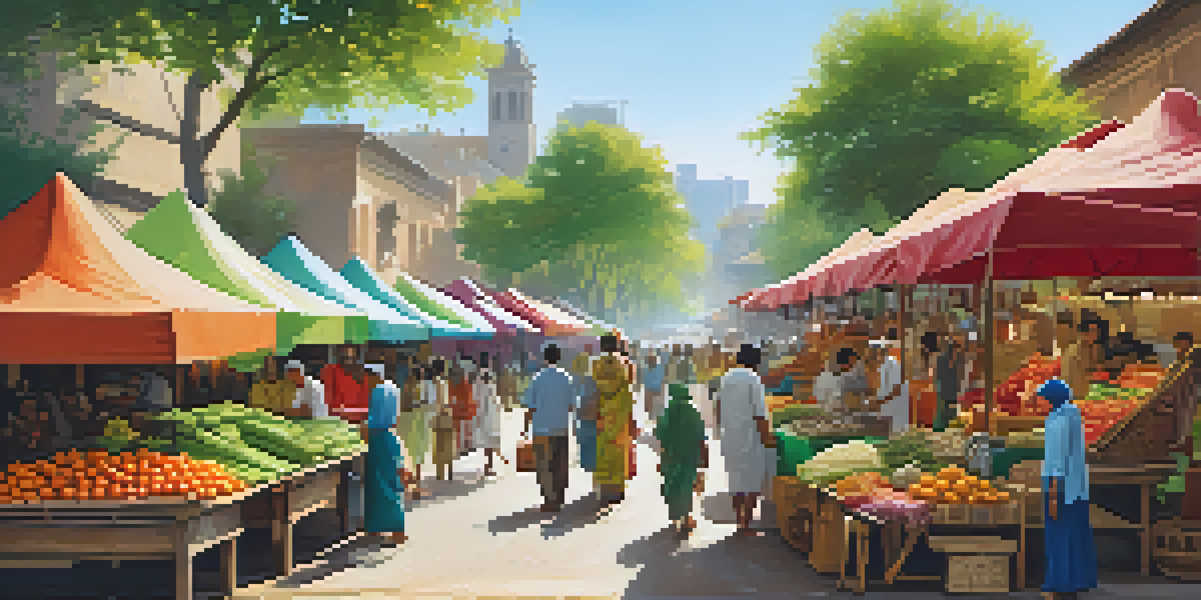 A lively street market scene in an emerging economy with colorful stalls, diverse people, and traditional architecture.