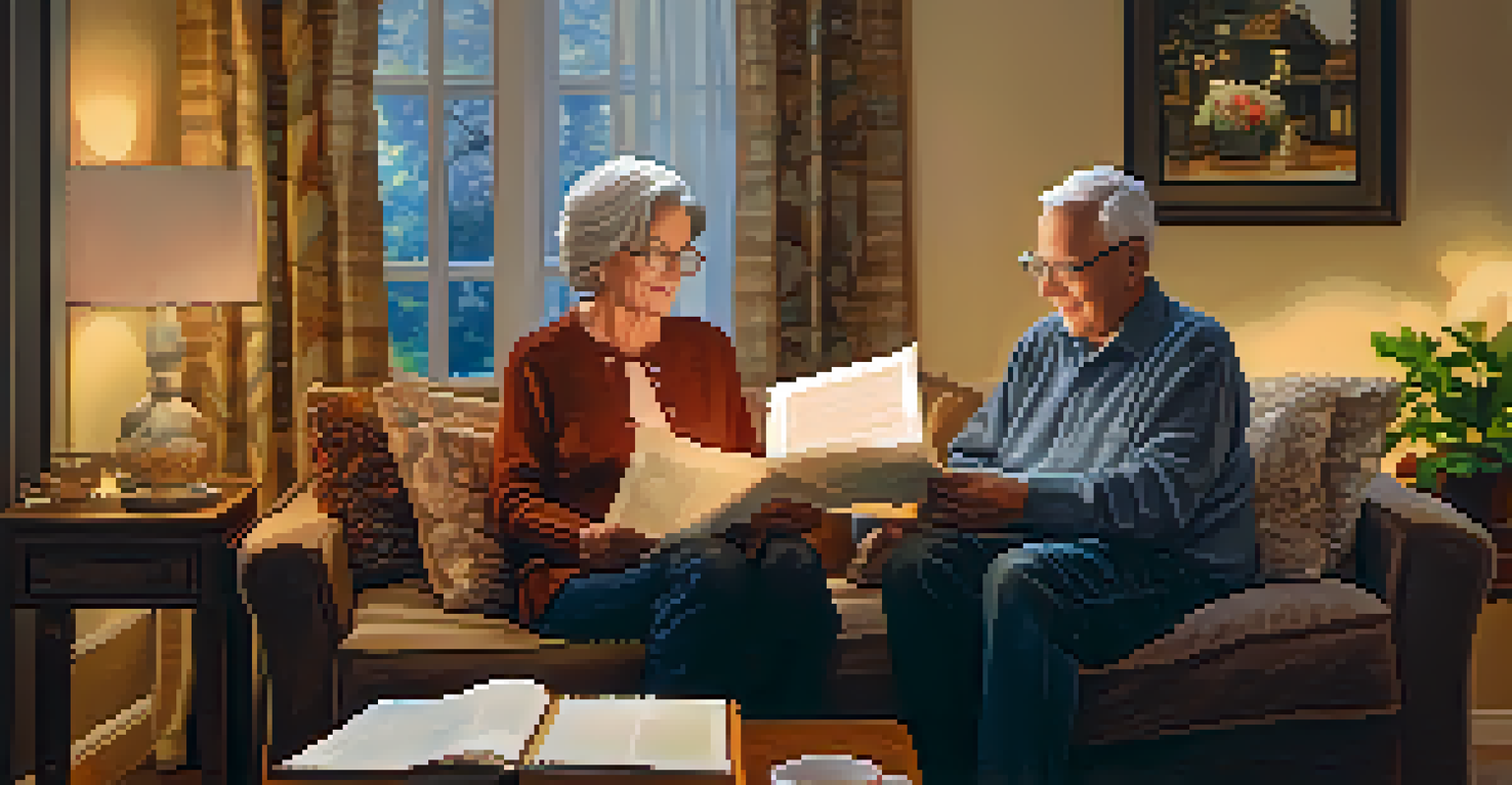 An elderly couple in a cozy living room reviewing their whole life insurance documents.