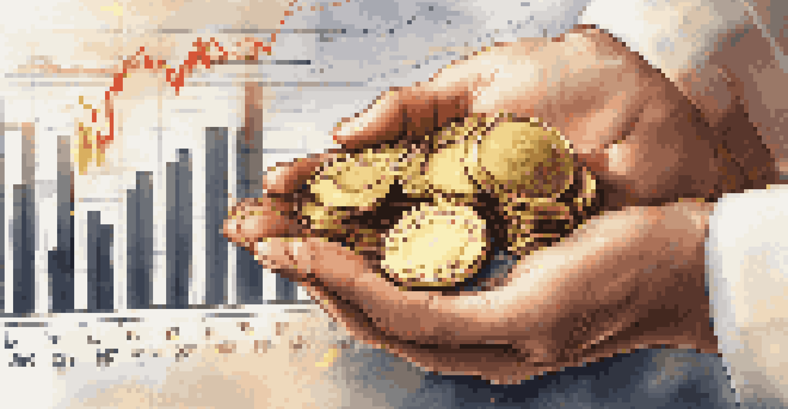 A close-up of a hand holding shiny gold coins in front of blurred stock market graphs, representing safe-haven assets.