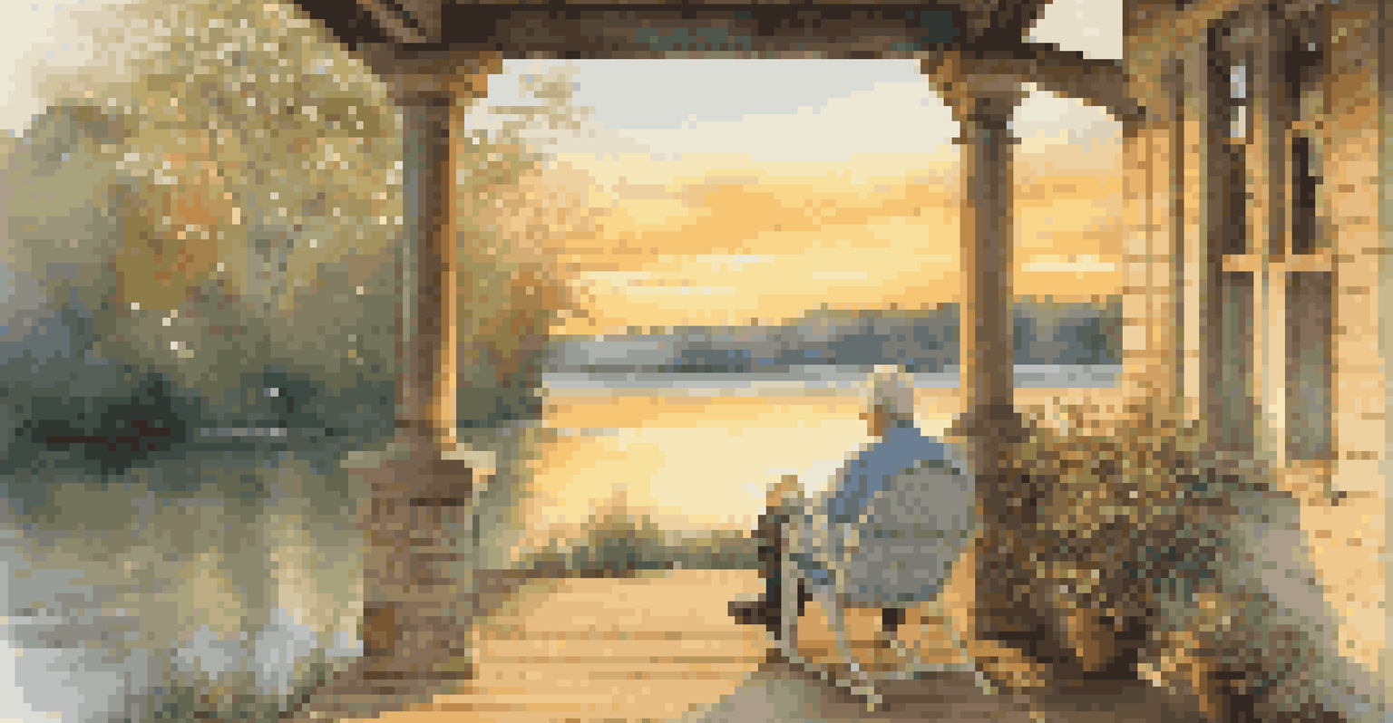 A couple sitting on a porch by a lake at sunset, illustrating the tranquility of retirement and financial security.