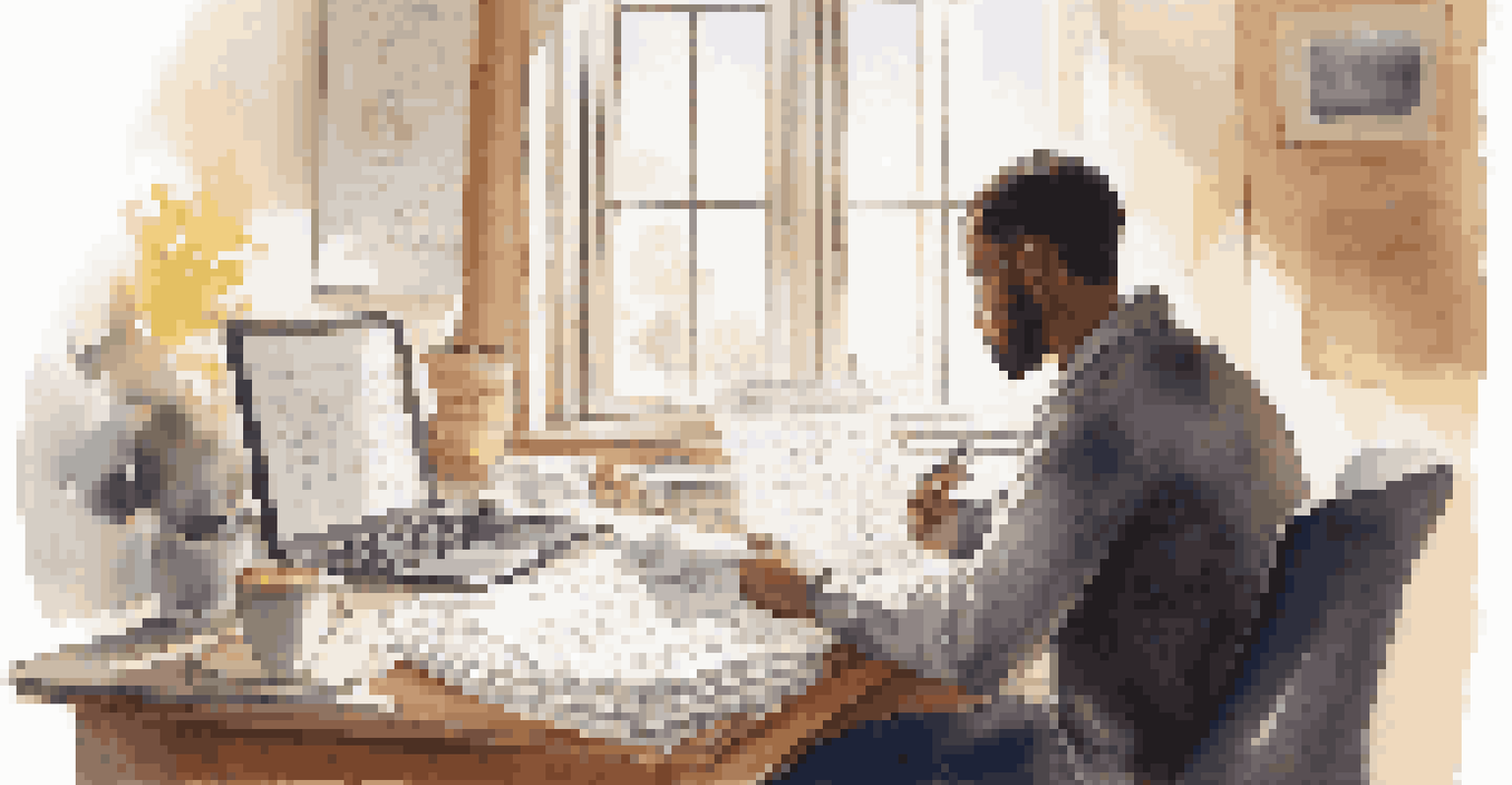 An individual reflecting on feedback at a desk cluttered with papers and a laptop, creating a calm atmosphere.