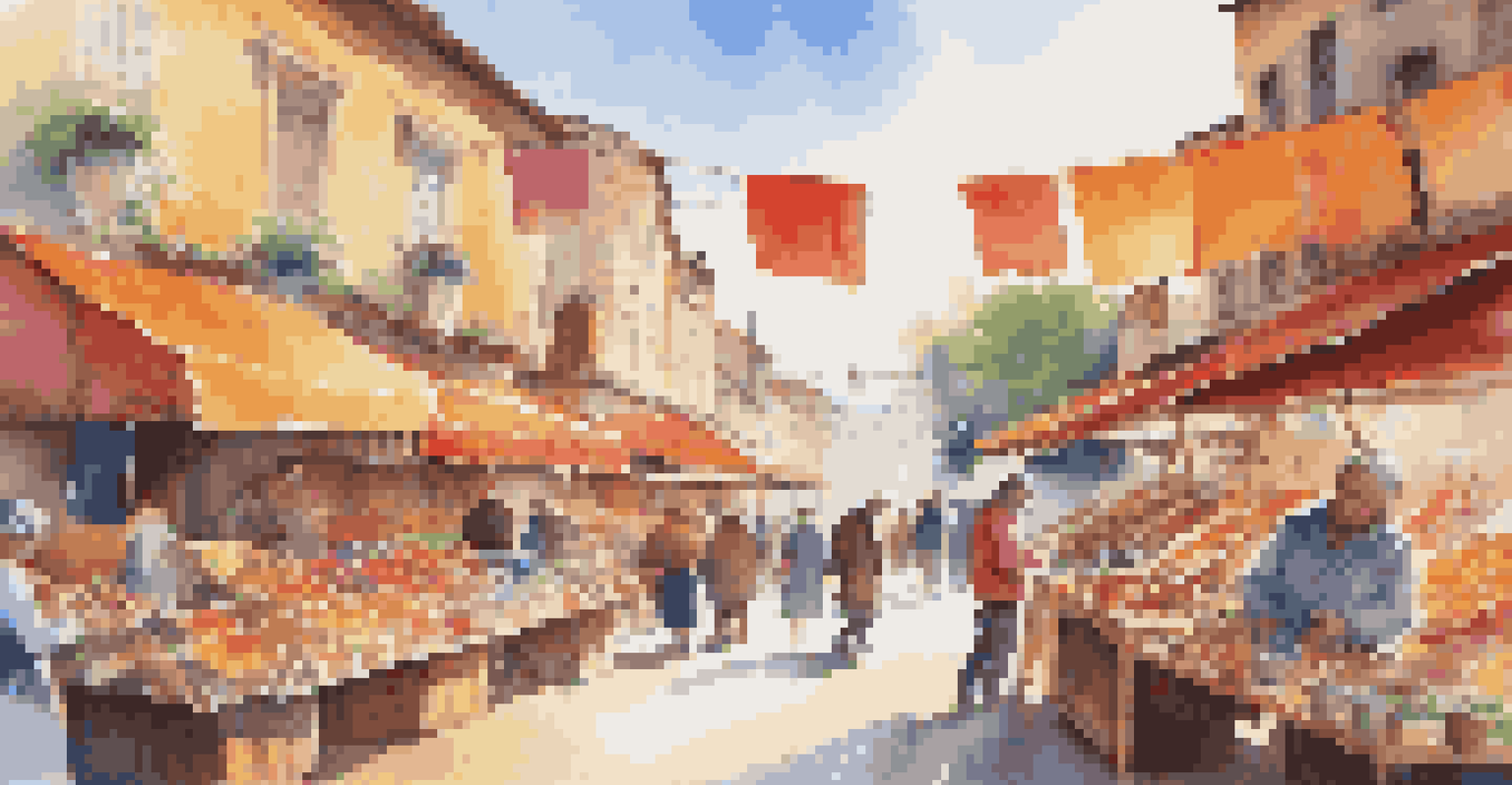 A lively marketplace with handmade crafts and people browsing among colorful displays.