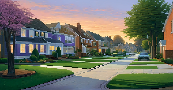 A peaceful suburban area during sunset with modern houses and children playing outside.