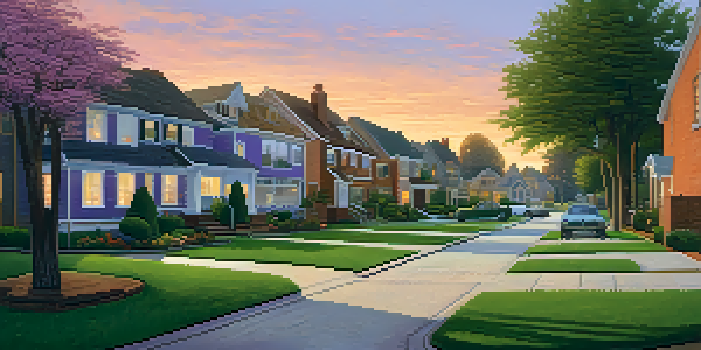 A peaceful suburban area during sunset with modern houses and children playing outside.
