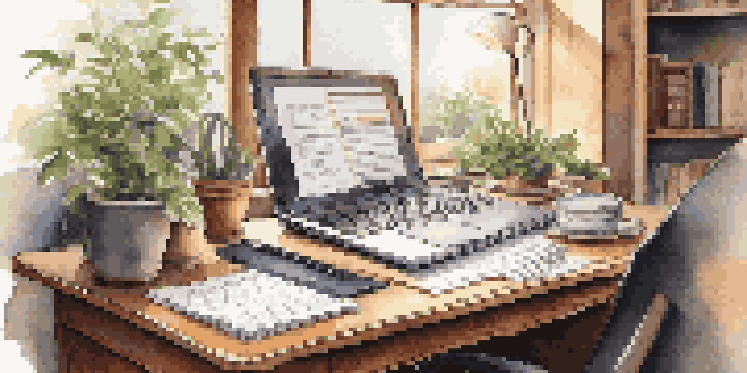 A neatly arranged office desk featuring a laptop, financial documents, and accounting books, illuminated by natural light.