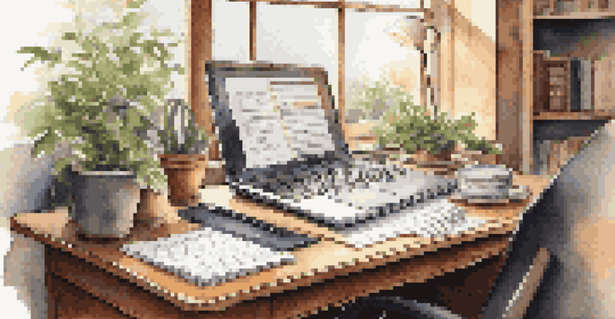 A neatly arranged office desk featuring a laptop, financial documents, and accounting books, illuminated by natural light.