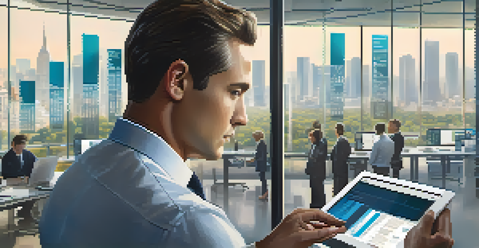 An investor using a digital tablet with stock market data in a modern office environment.