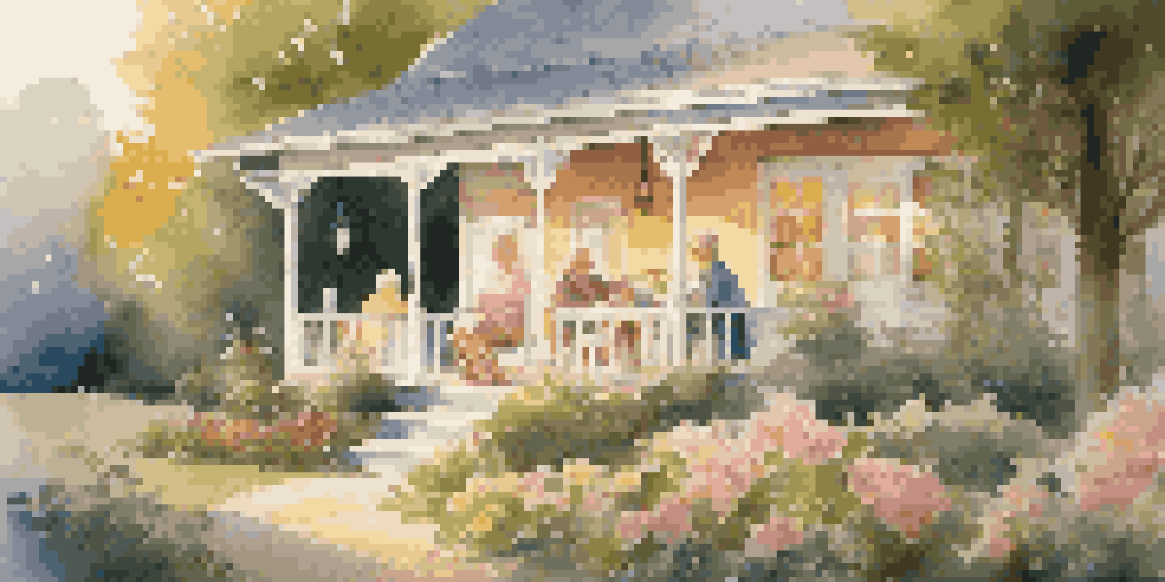 A peaceful retirement setting with a cozy cottage, blooming flowers, and a retired couple enjoying tea on the porch during sunset.