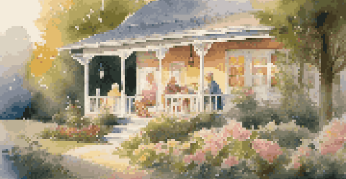 A peaceful retirement setting with a cozy cottage, blooming flowers, and a retired couple enjoying tea on the porch during sunset.