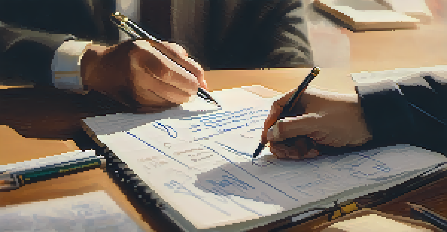 A close-up of a hand writing financial strategies in a notepad during a workshop, with a cup of coffee nearby.