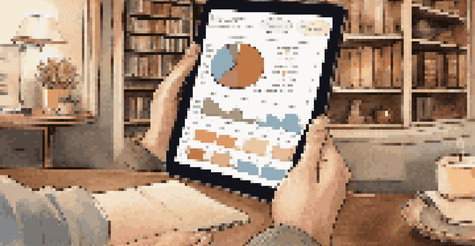 A person's hands holding a tablet with market data, in a cozy home office with warm lighting and books in the background.