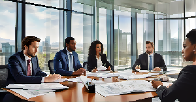 A group of diverse professionals discussing financial documents in a bright modern office.