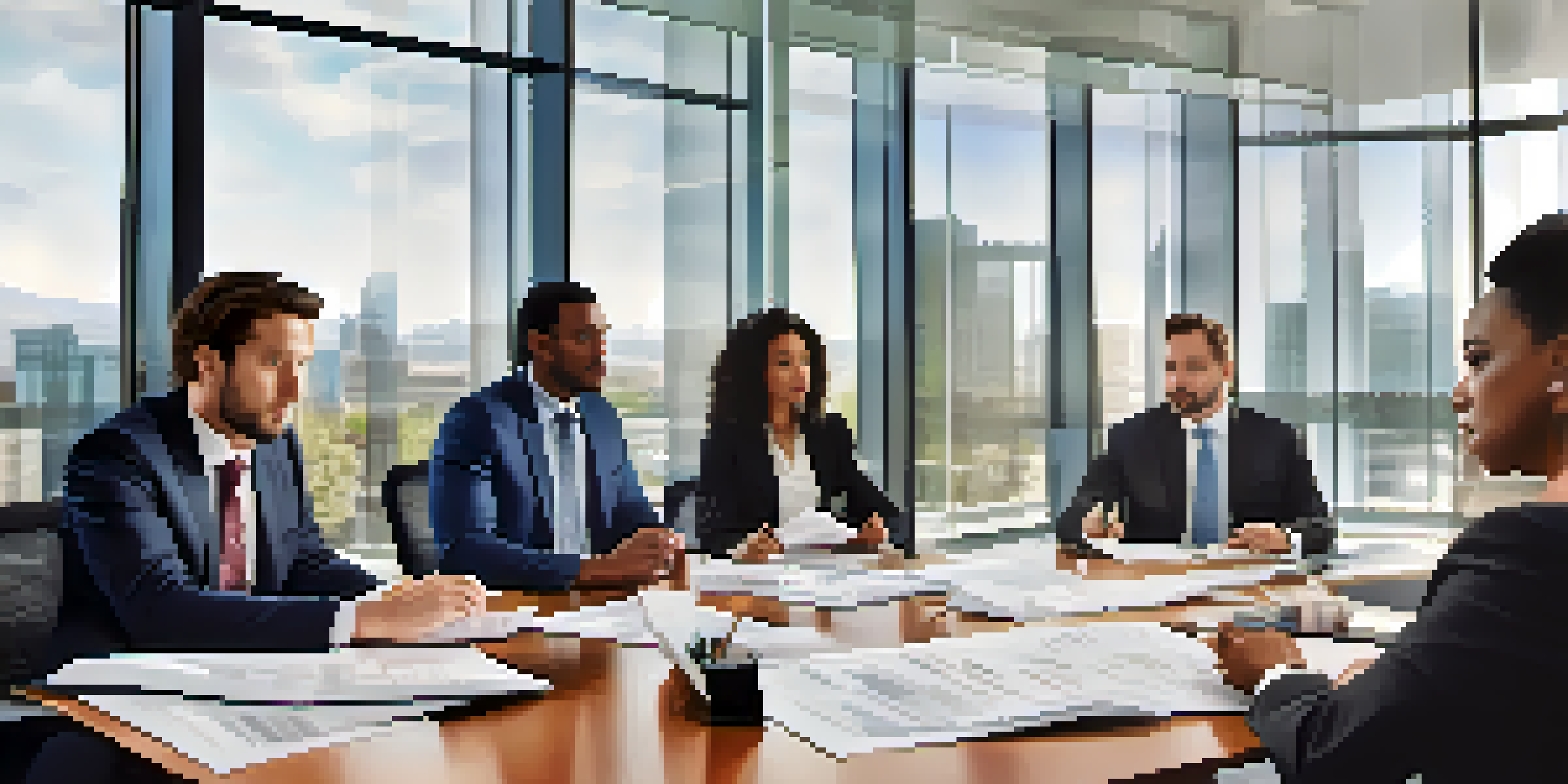 A group of diverse professionals discussing financial documents in a bright modern office.