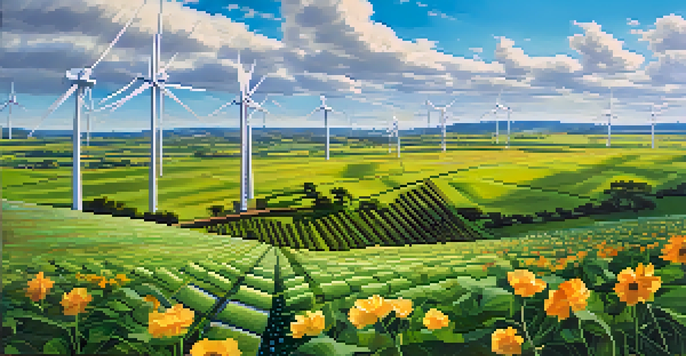 A sunny landscape featuring a solar farm with solar panels, green fields, wildflowers, and a wind turbine on a hill under a clear blue sky.