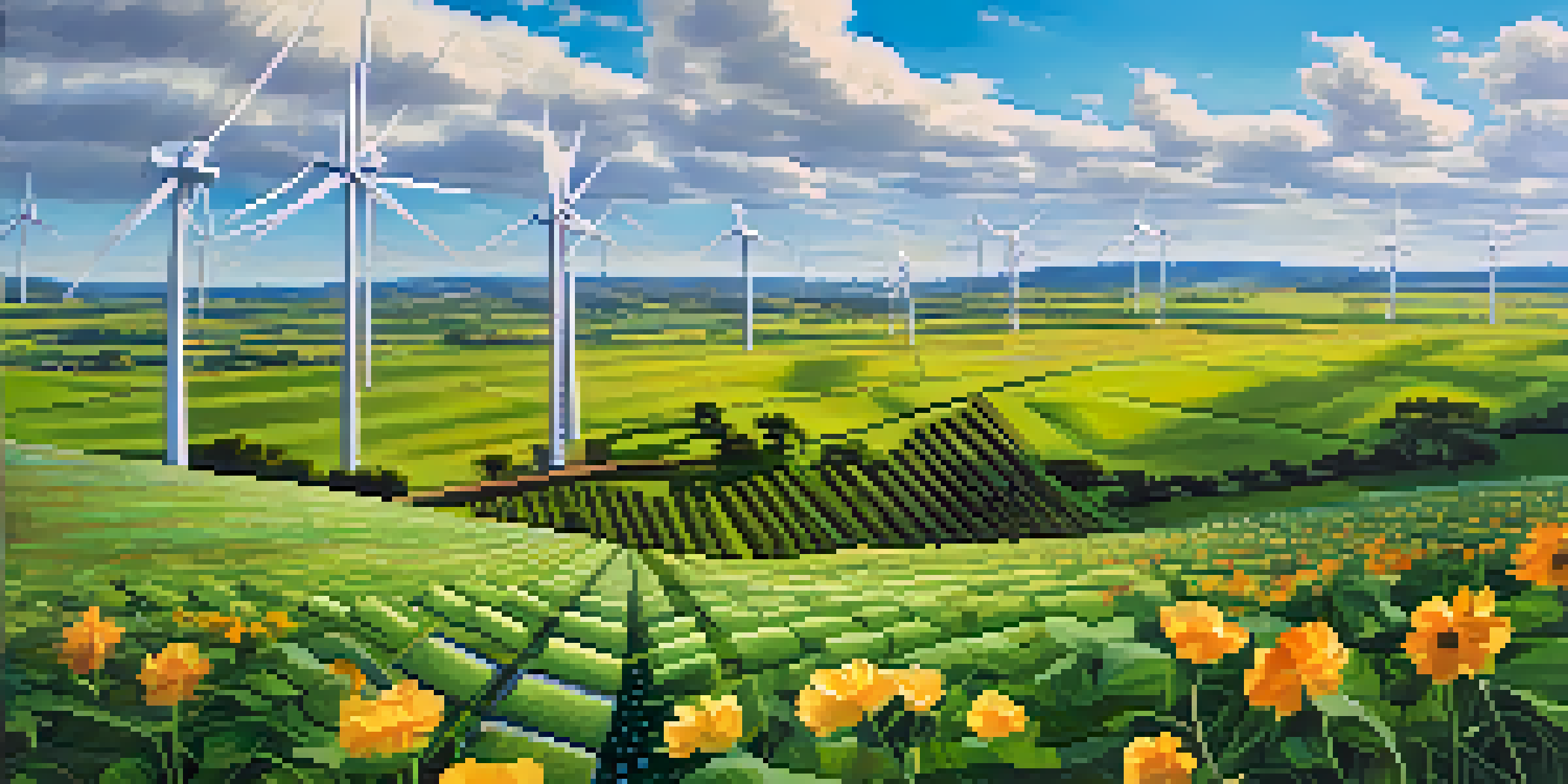 A sunny landscape featuring a solar farm with solar panels, green fields, wildflowers, and a wind turbine on a hill under a clear blue sky.