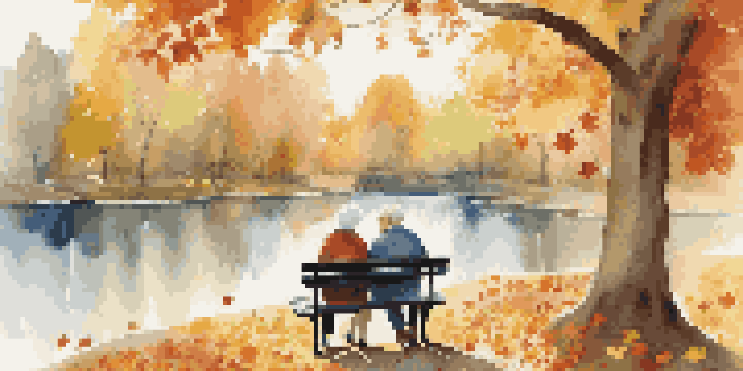 An elderly couple sitting on a park bench in autumn, smiling and holding hands, with a picnic basket beside them and vibrant leaves around.