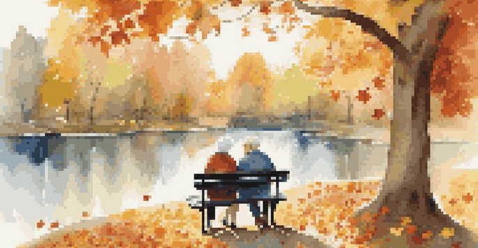 An elderly couple sitting on a park bench in autumn, smiling and holding hands, with a picnic basket beside them and vibrant leaves around.