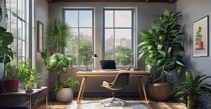 A well-organized home office with a wooden desk, laptop, and indoor plants, illuminated by natural light from a window.