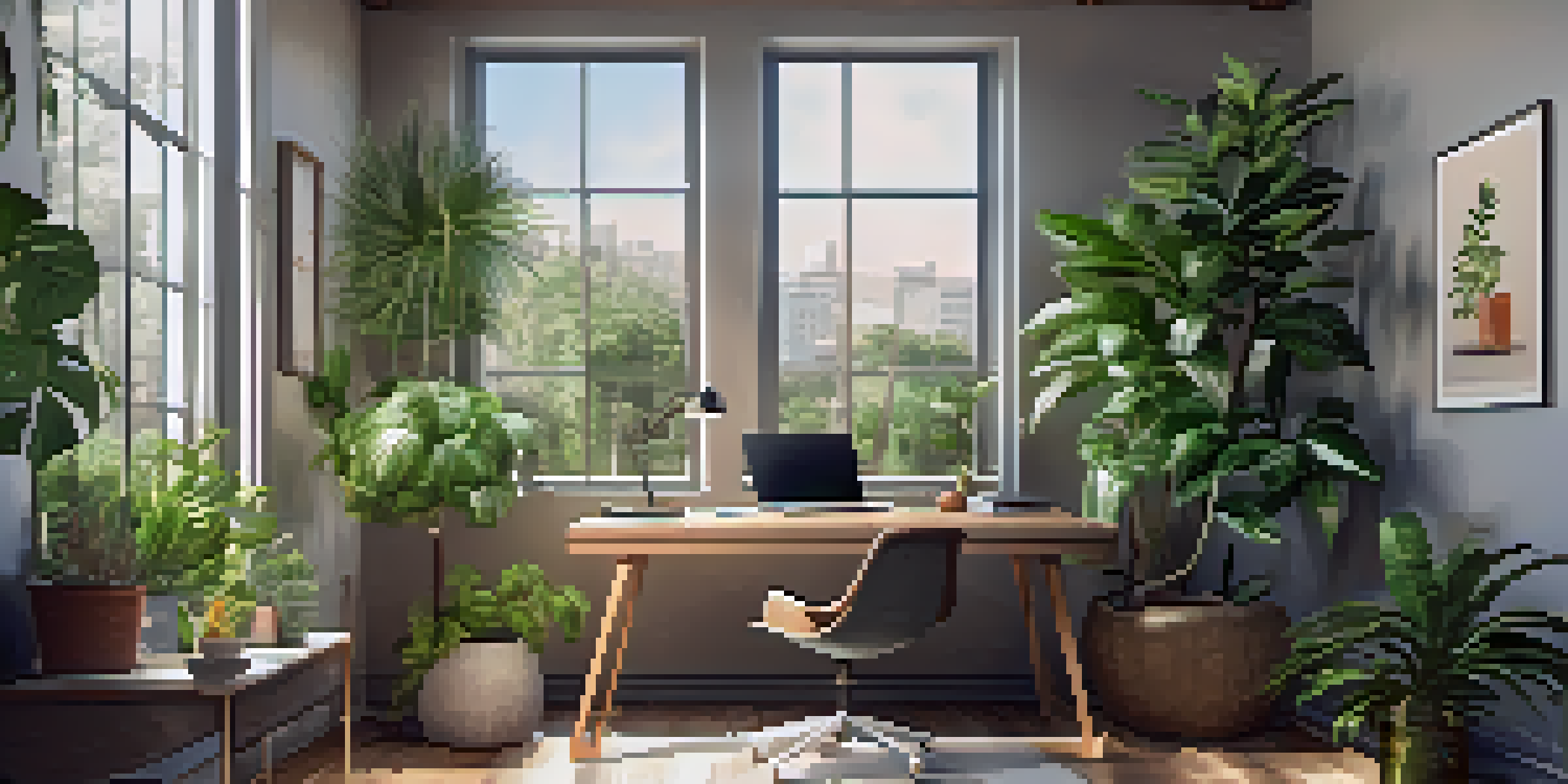 A well-organized home office with a wooden desk, laptop, and indoor plants, illuminated by natural light from a window.