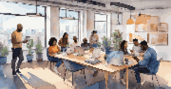 A diverse group of people collaborating in a modern co-working space, using digital devices to enhance financial empowerment.