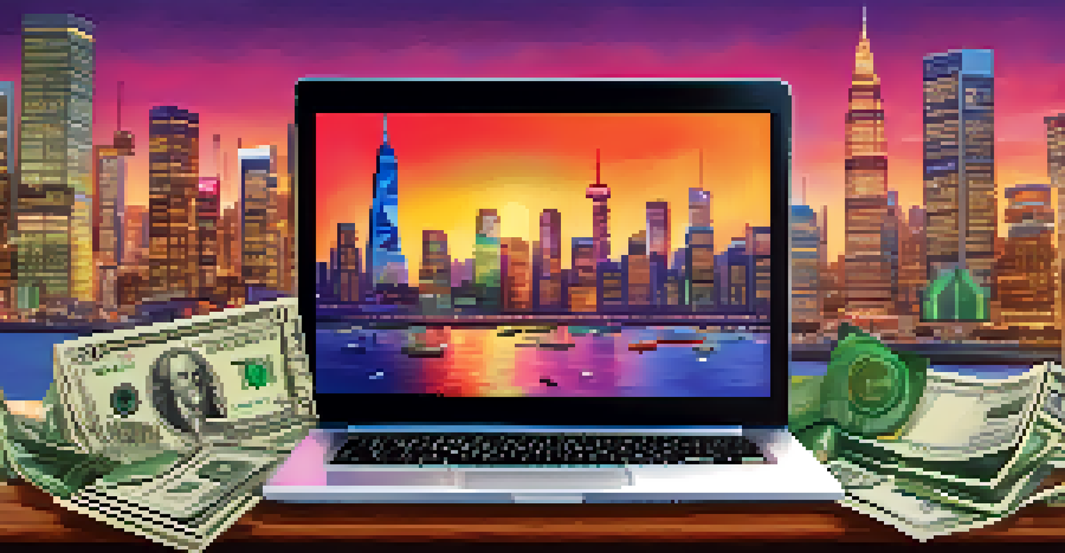 A forex trading platform on a laptop with various currency notes and a city skyline in the background.
