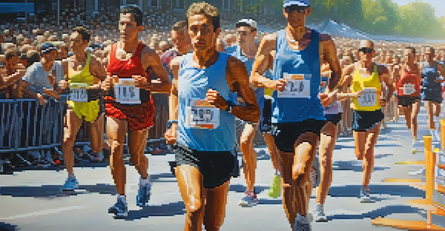 A close-up of a determined marathon runner at the starting line, with a blurred crowd in the background and sunlight symbolizing hope and endurance.