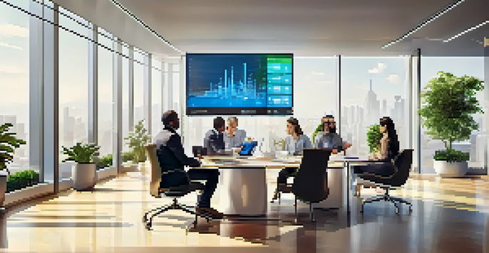 A diverse group of professionals in a bright office discussing big data analytics around a digital screen.