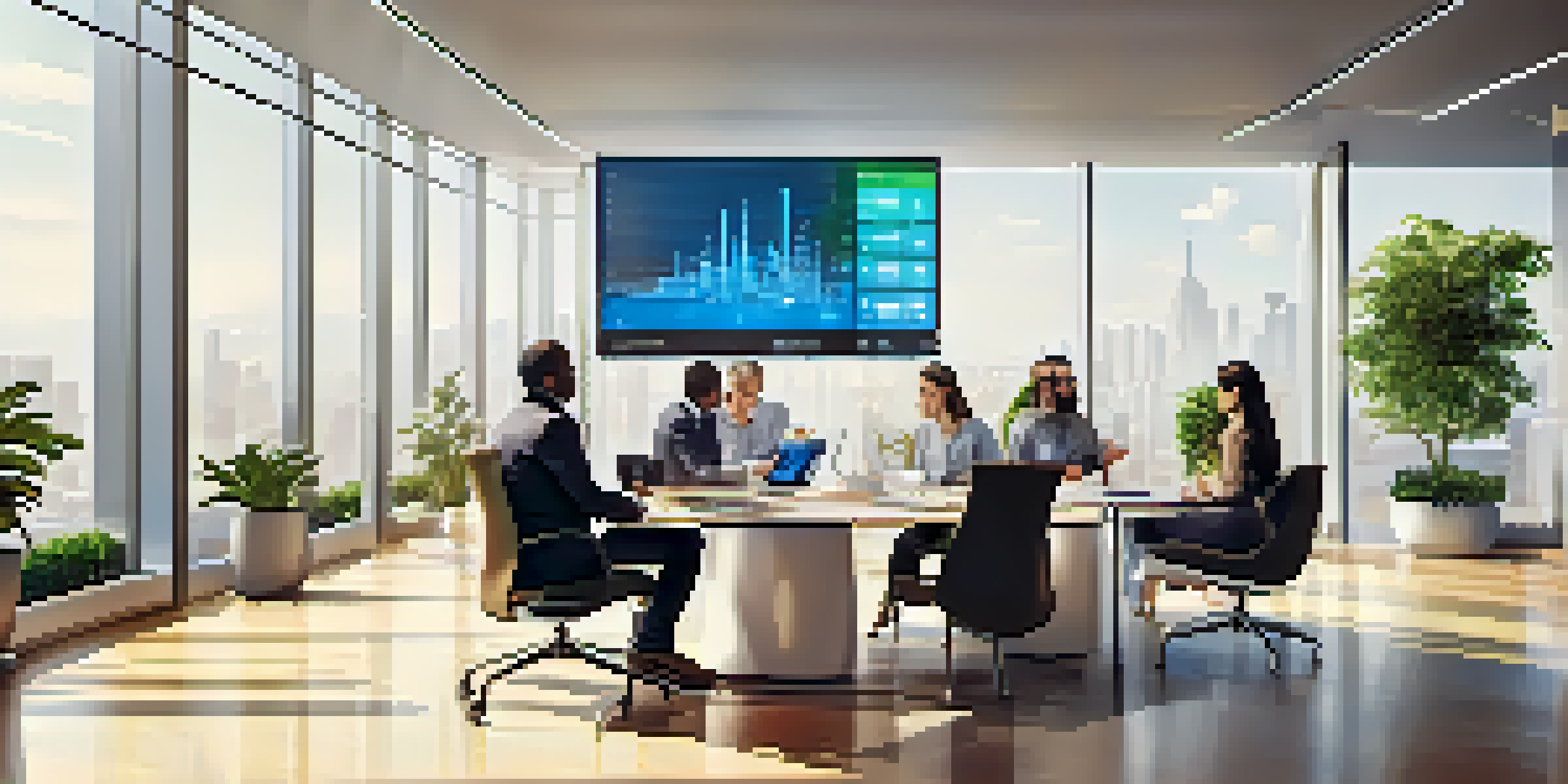 A diverse group of professionals in a bright office discussing big data analytics around a digital screen.