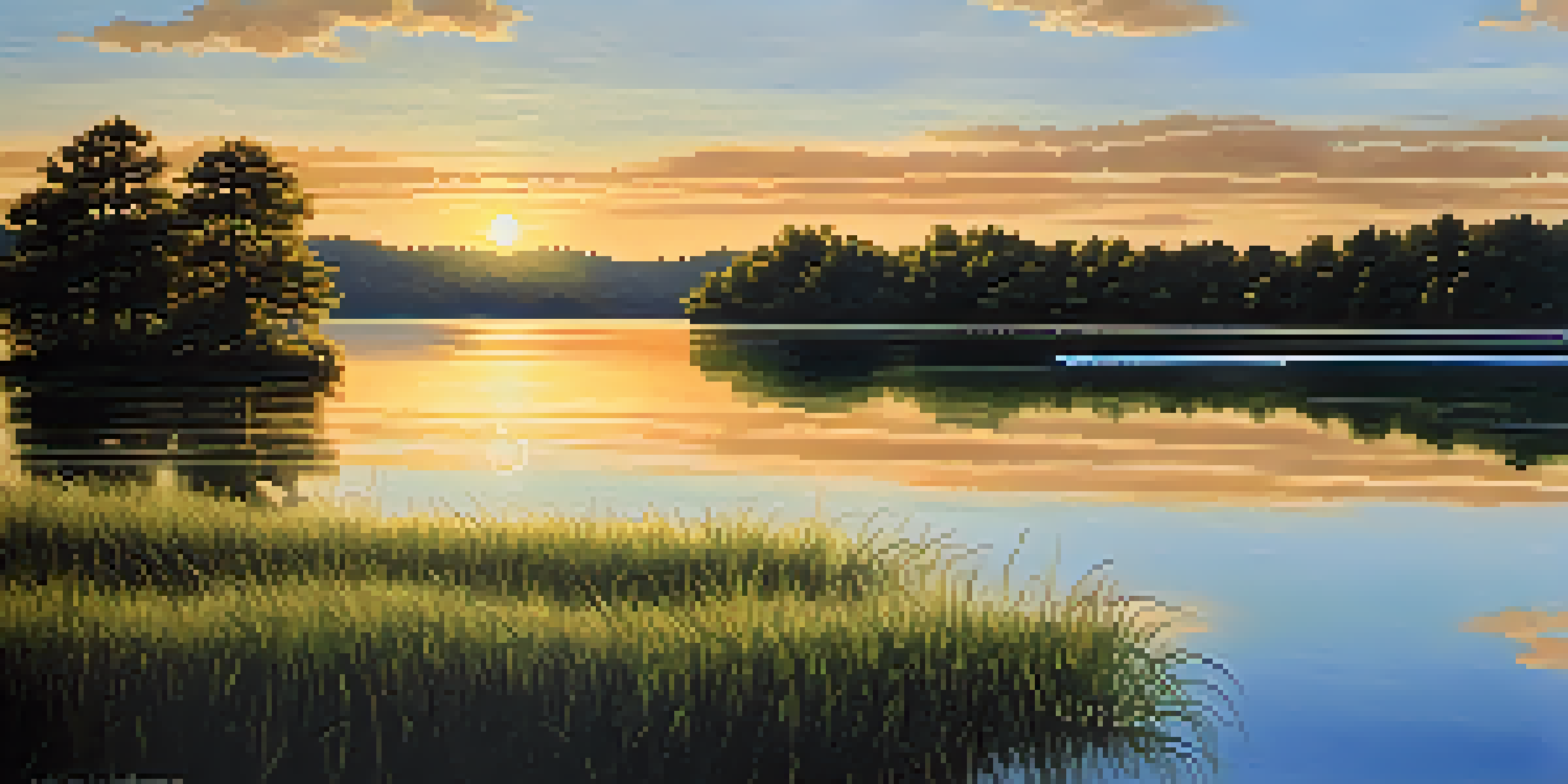 A calm lake bordered by green trees and a sunset sky, with reflections on the water creating a serene atmosphere.