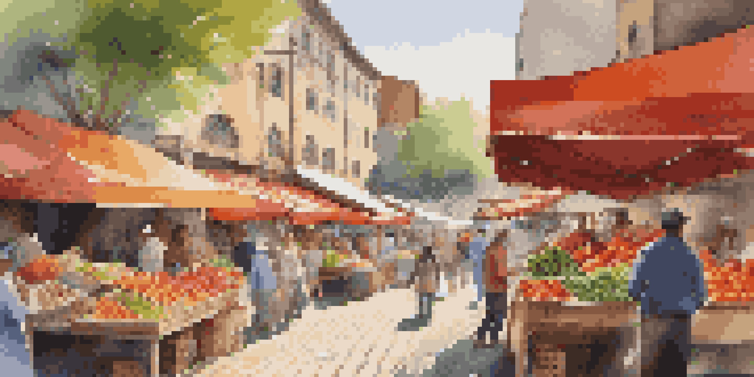 A vibrant urban marketplace filled with vendors selling fresh produce and crafts, under sunlight filtering through trees.
