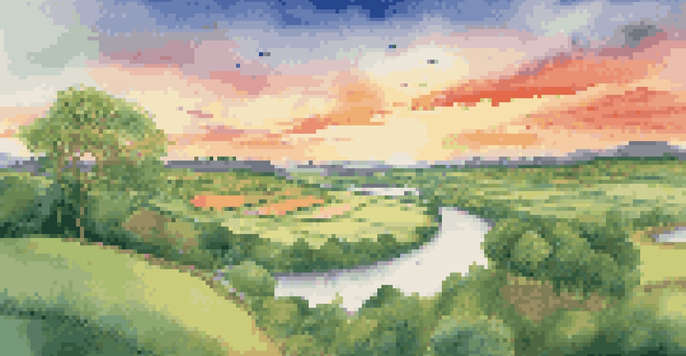 A peaceful landscape with symbols of different investments like stocks and bonds amidst a sunset.