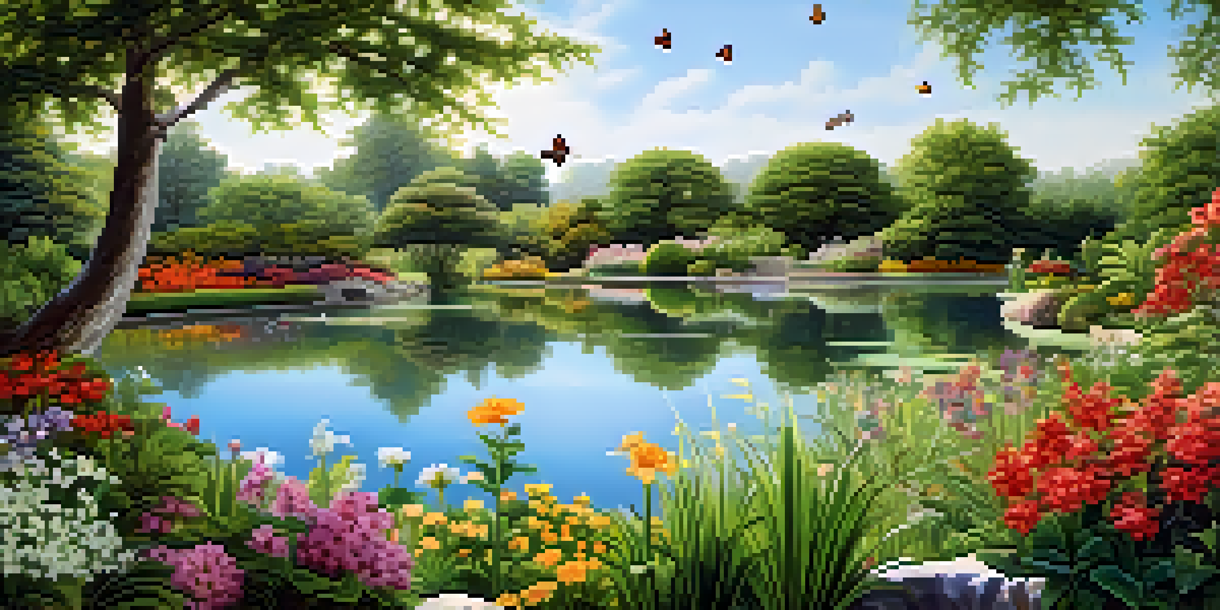 A beautiful garden with colorful flowers, a pond, and butterflies under a clear blue sky.