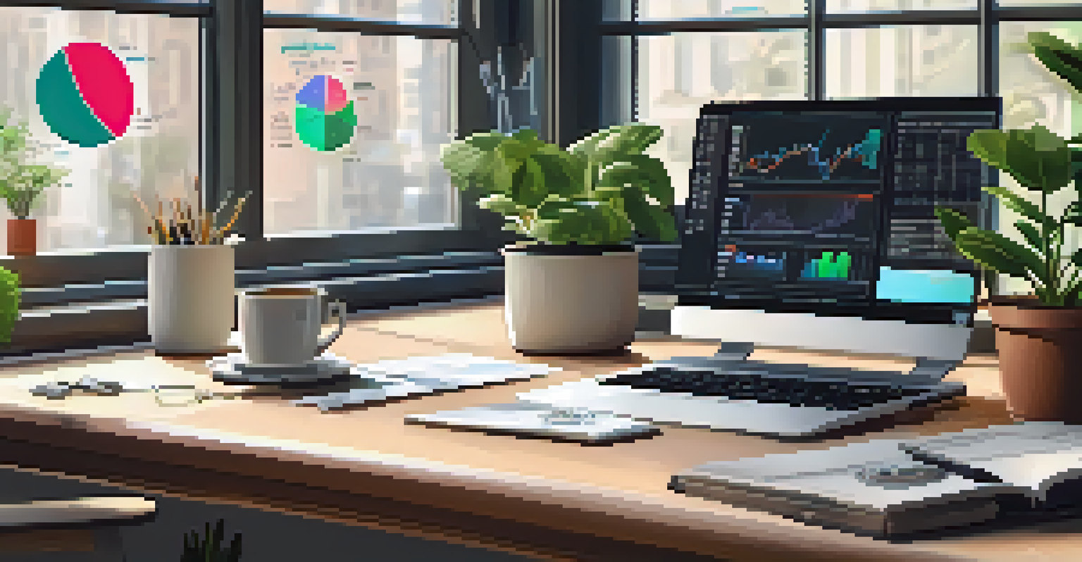 A workspace with financial charts and a laptop, illuminated by natural light.
