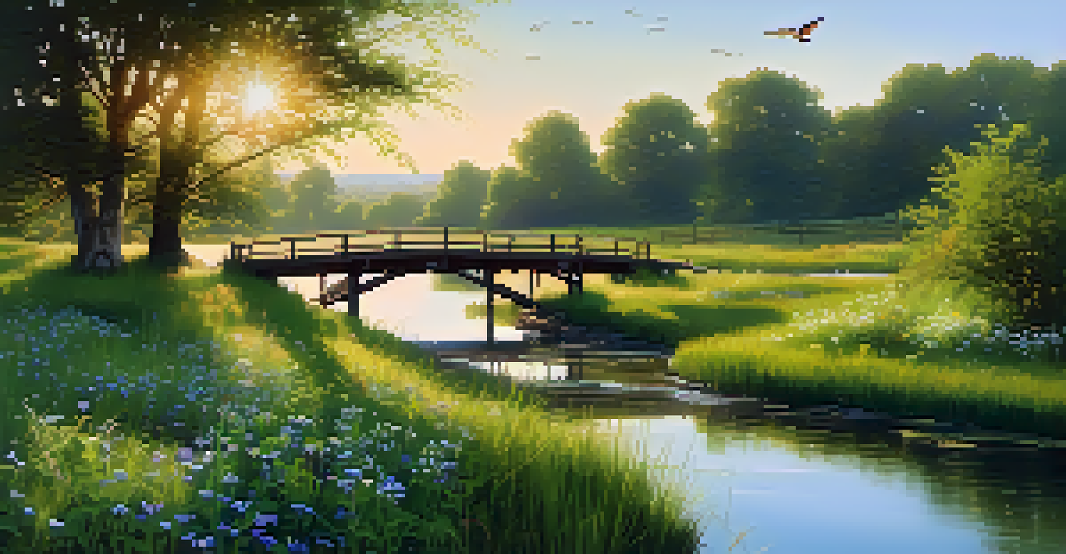 A peaceful landscape with a green field, a wooden bridge over a stream, blooming wildflowers, and birds flying in a blue sky.