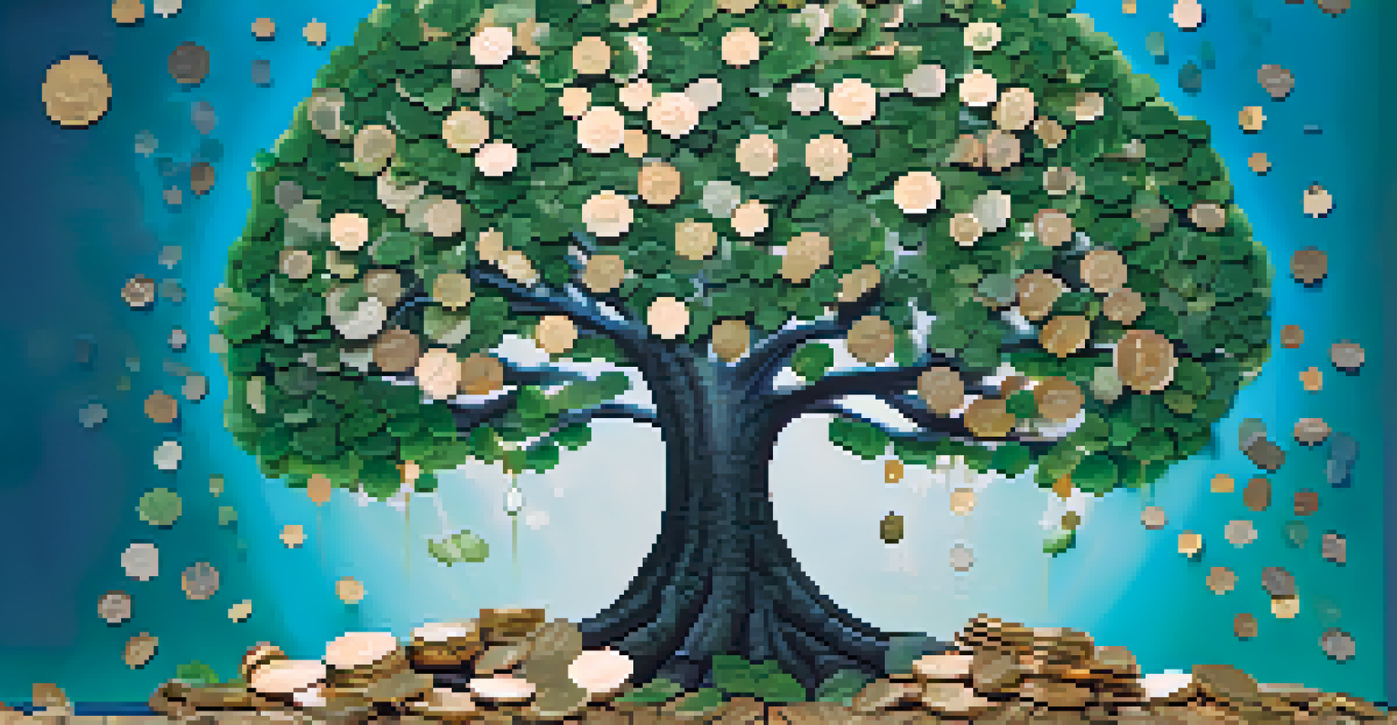 An abstract tree made of coins symbolizing ethical investing, set against a gradient green and blue background with renewable energy icons.
