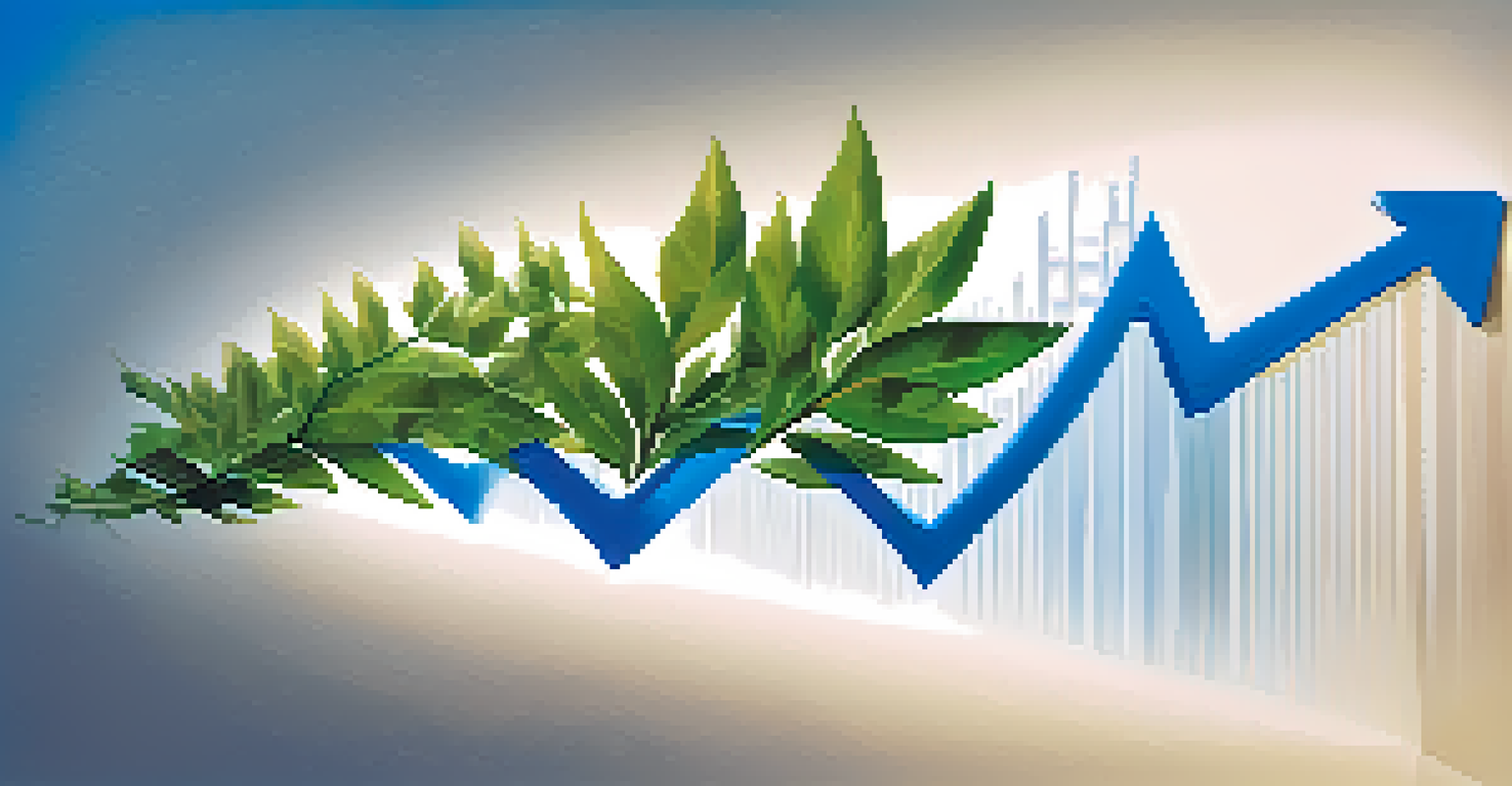 An abstract image of an upward arrow made of green leaves on a blue and white gradient background, representing economic growth.