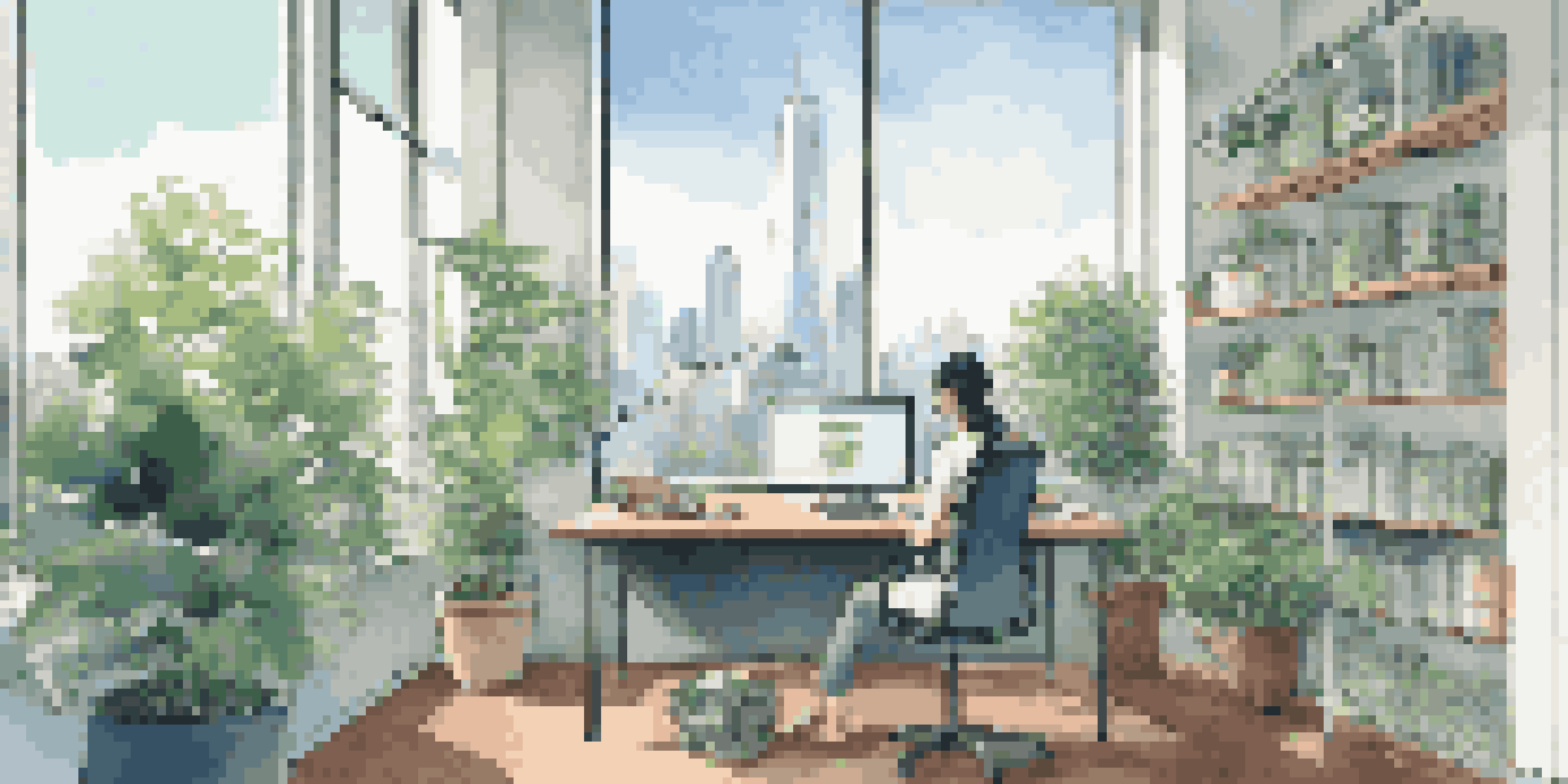 A person researching investment options in a bright office with a city view, surrounded by plants and books.
