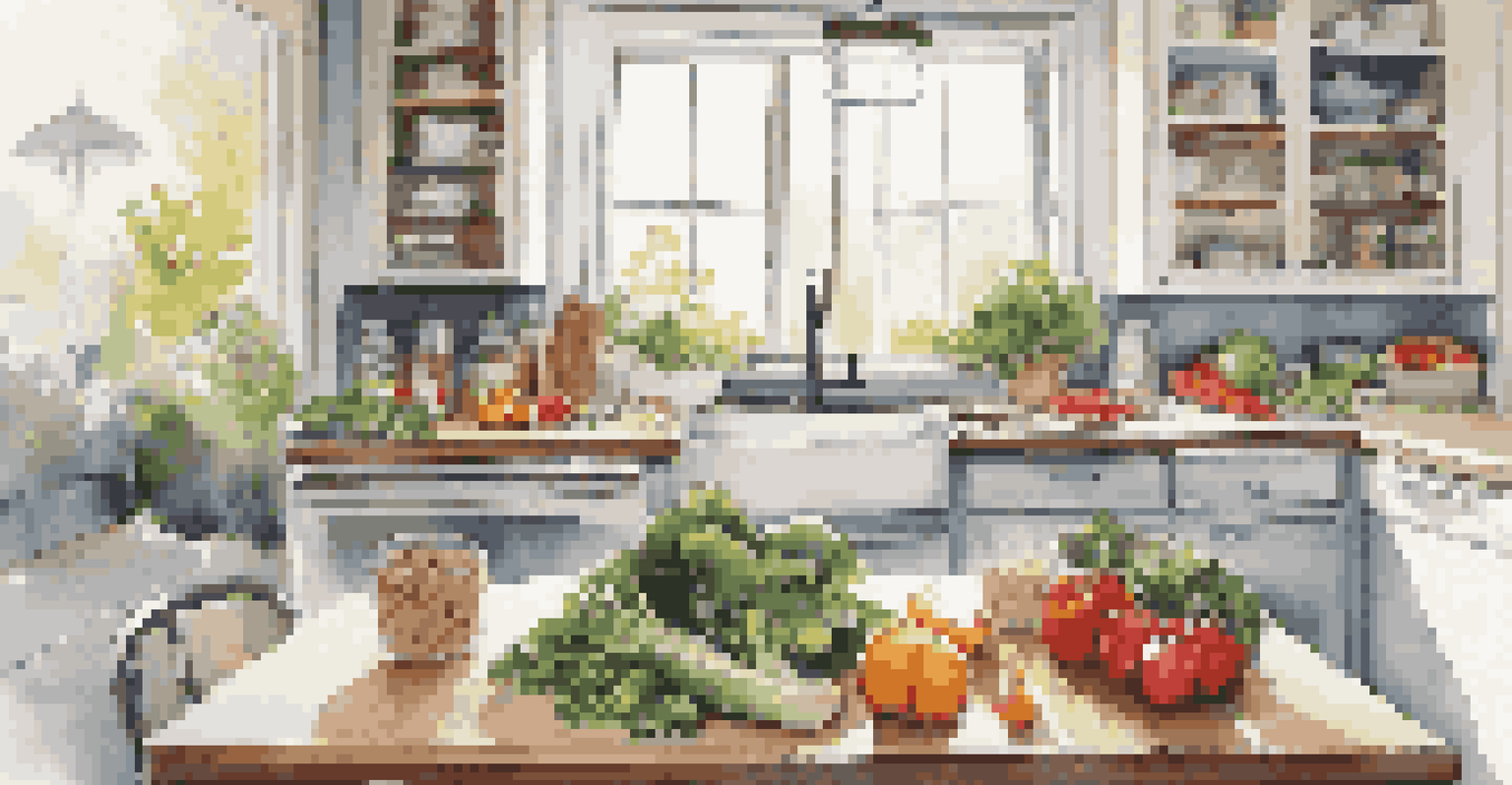 A bright kitchen where someone is preparing healthy meals with fresh vegetables, alongside a meal plan and budget sheet.