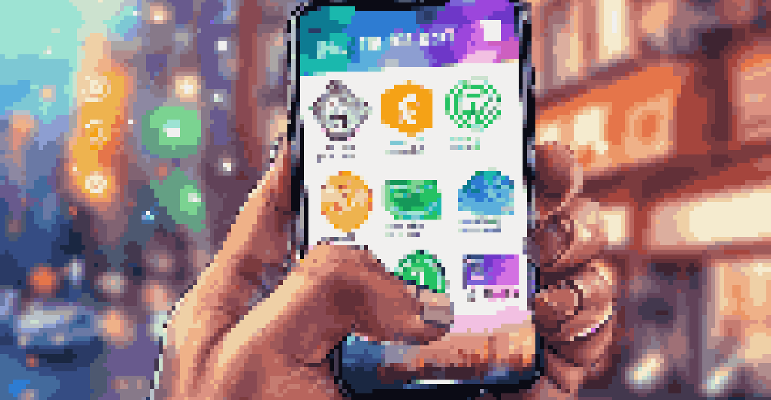 A close-up of a hand holding a smartphone showing a digital wallet app, with cryptocurrency icons floating around in a blurred city background.